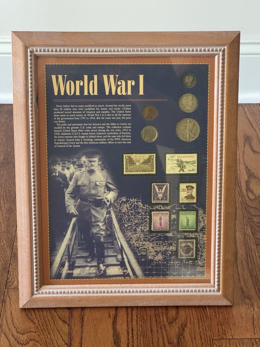 World War I The American Historic Society Collectors Framed 5 Coins 7 Stamps VTG